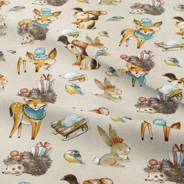 Suluboya Sevimli Şapkalı Kirpi, Tavşan, Kuş, Köpek, Ceylan Desenli Kumaş