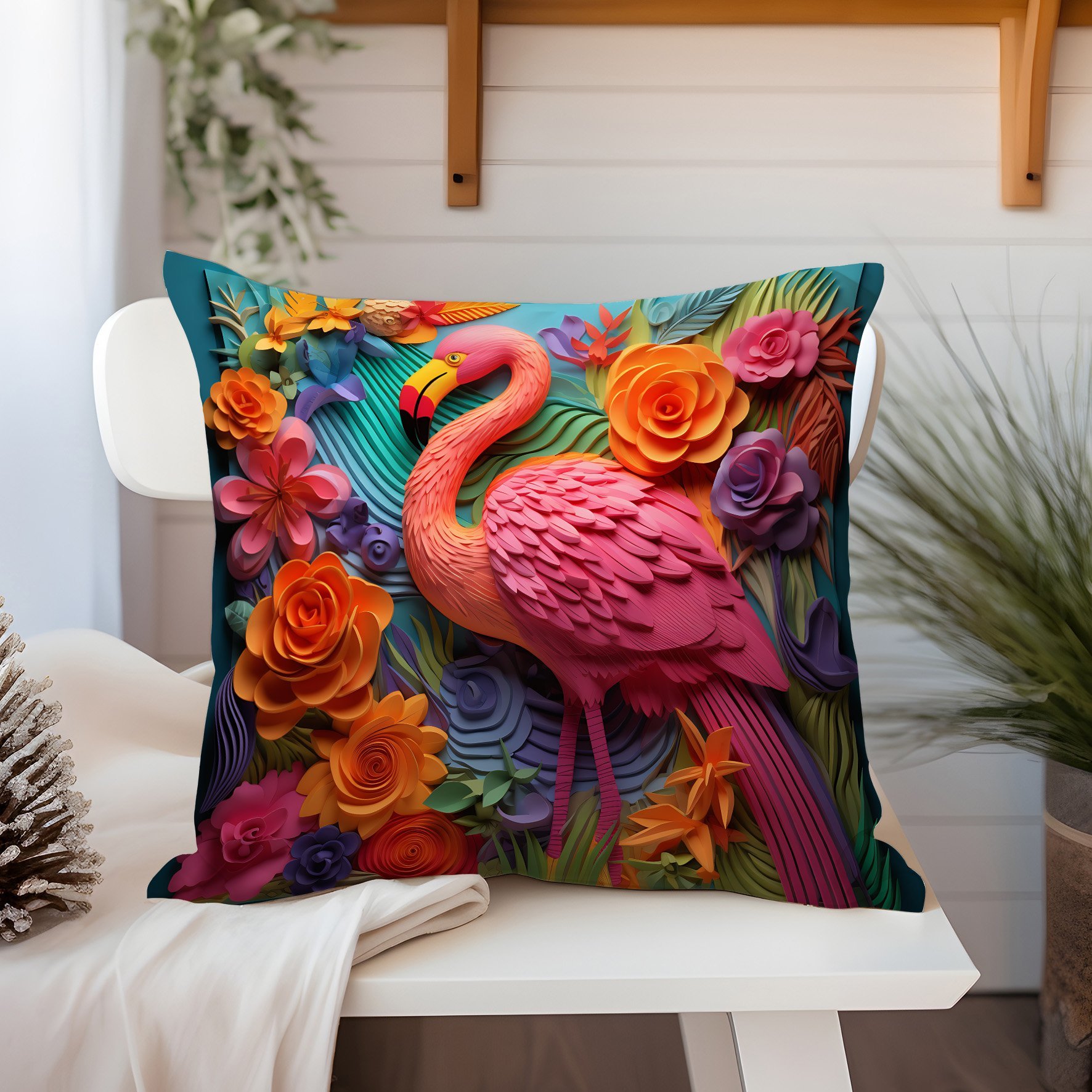3D Flamingo Temalı Kırlent Paneli Dikilmemiş Kumaş