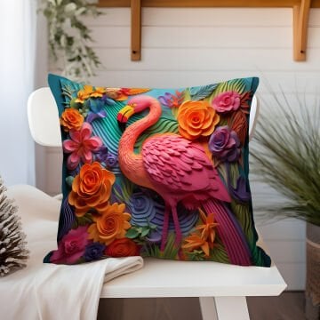 3D Flamingo Temalı Kırlent Paneli Dikilmemiş Kumaş