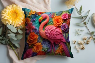 3D Flamingo Temalı Kırlent Paneli Dikilmemiş Kumaş