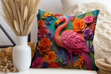 3D Flamingo Temalı Kırlent Paneli Dikilmemiş Kumaş