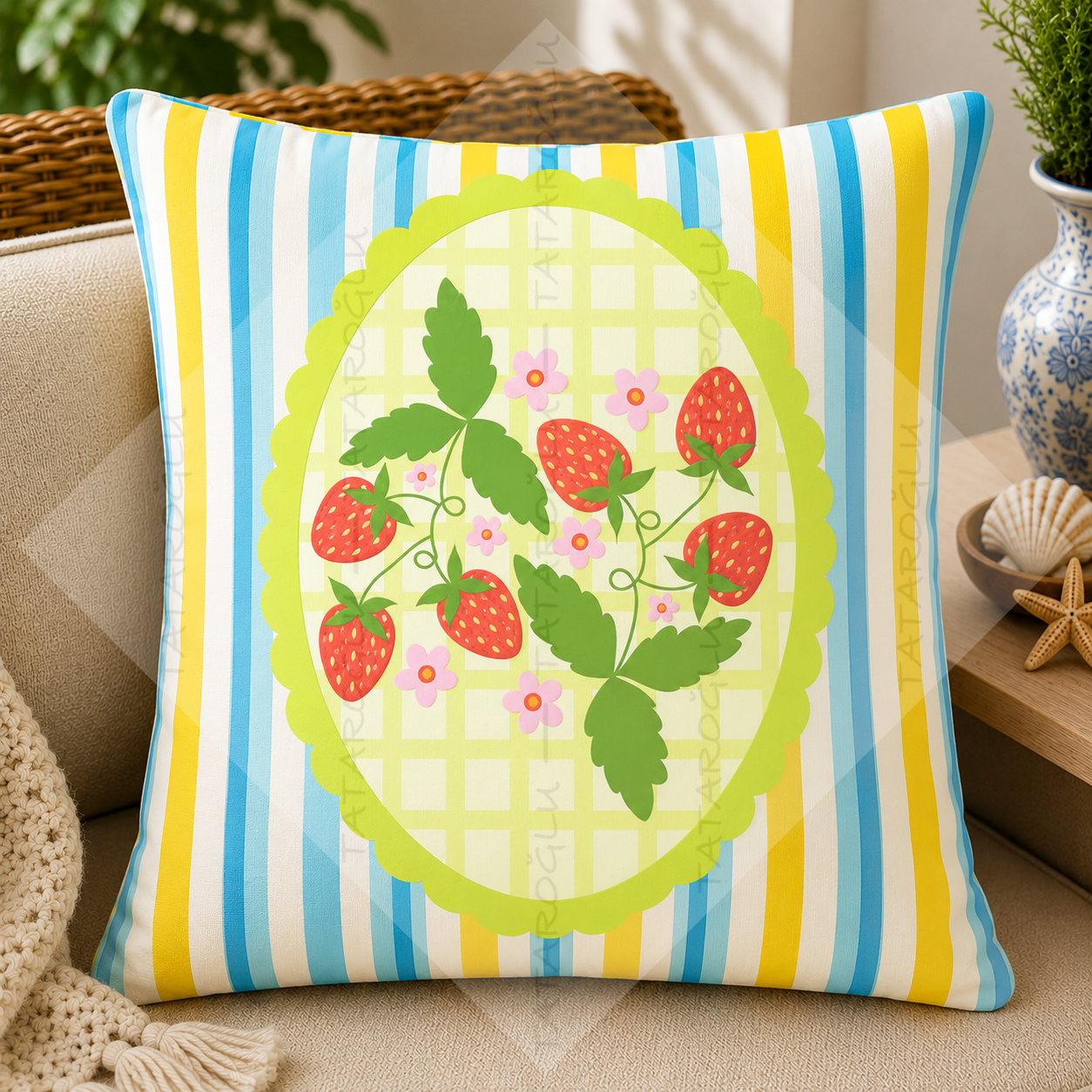 Çilek Bahçesi Kırlent Paneli 45x45 cm 2'li Dikilmemiş Kırlent Paneli