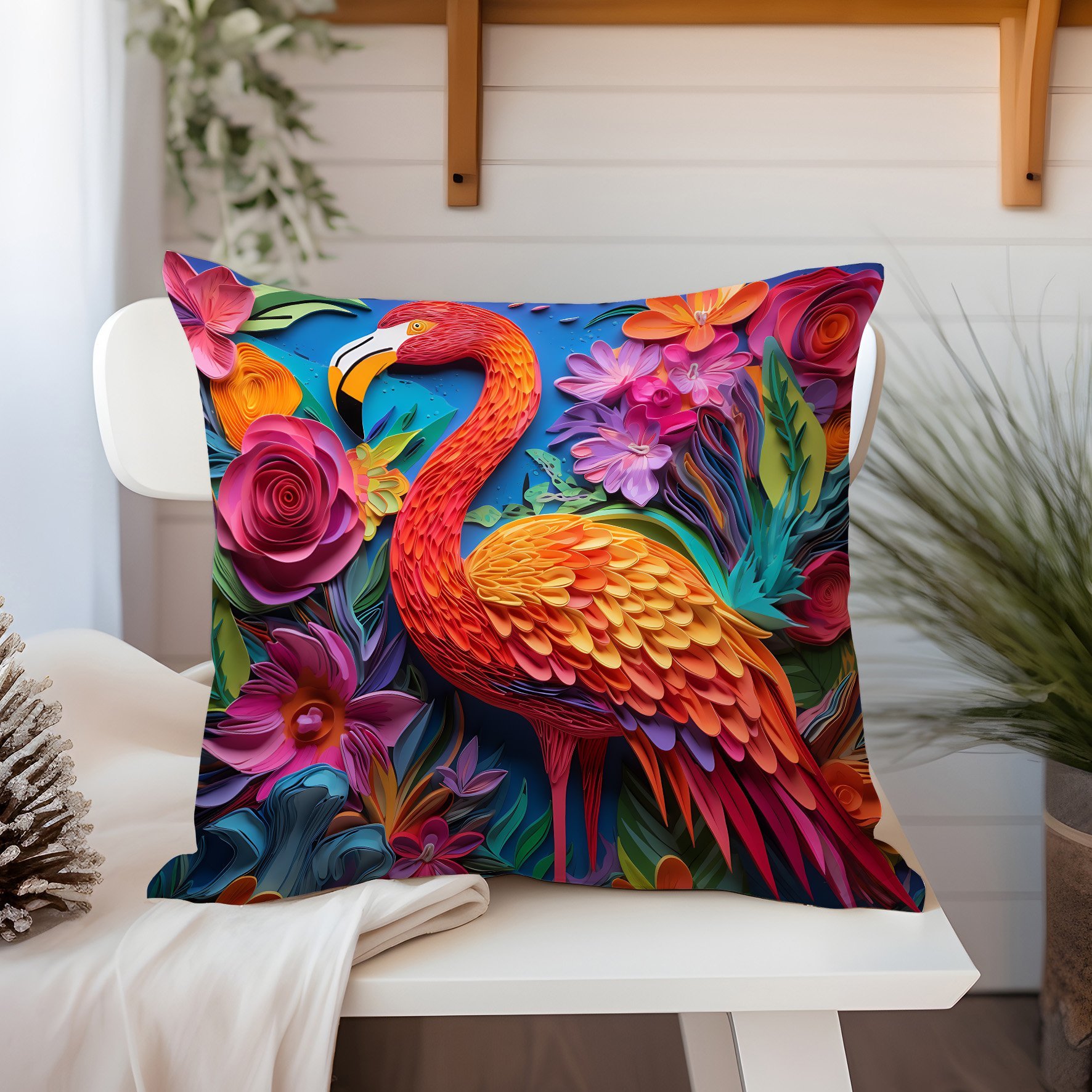 3D Flamingo Temalı Kırlent Paneli Dikilmemiş Kumaş