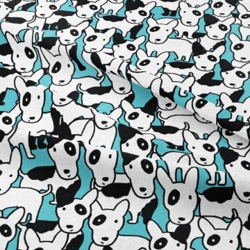 Turkuaz Zeminli Siyah Beyaz Sevimli Köpek Desenli Kumaş