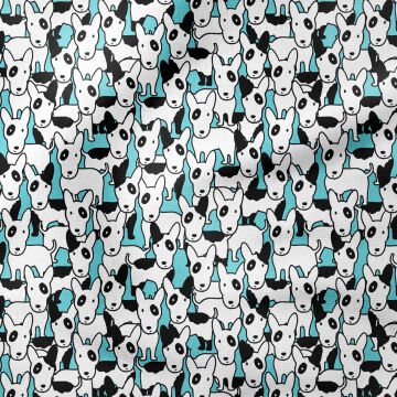 Turkuaz Zeminli Siyah Beyaz Sevimli Köpek Desenli Kumaş