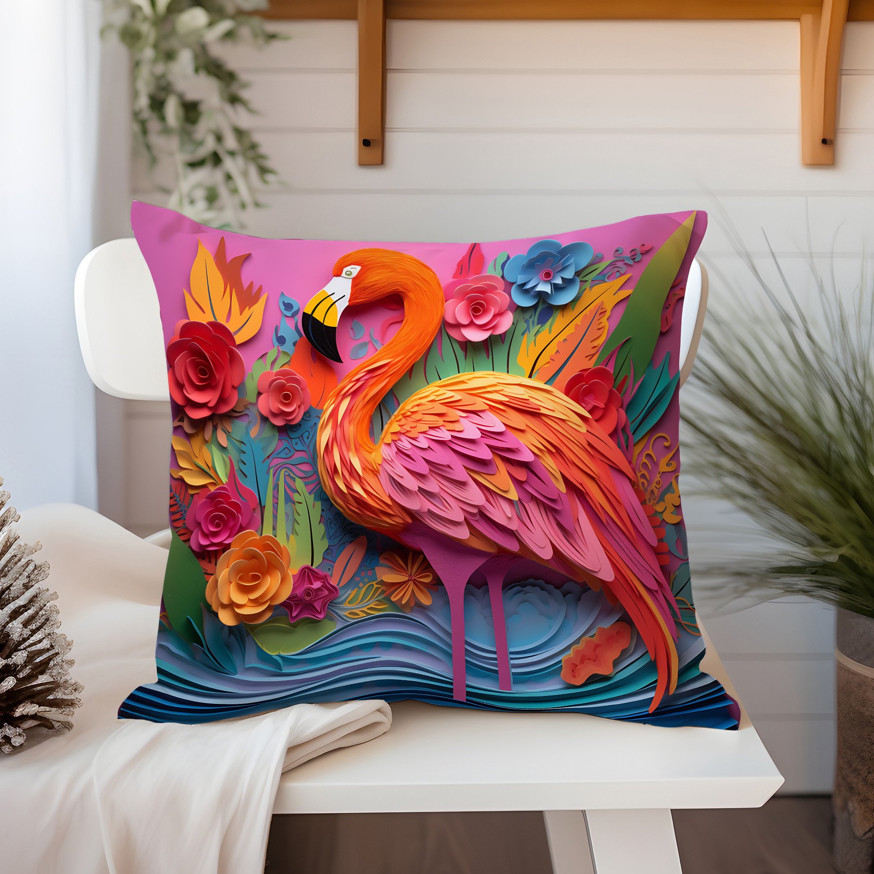 3D Flamingo Temalı Kırlent Paneli Dikilmemiş Kumaş