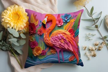 3D Flamingo Temalı Kırlent Paneli Dikilmemiş Kumaş