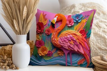 3D Flamingo Temalı Kırlent Paneli Dikilmemiş Kumaş