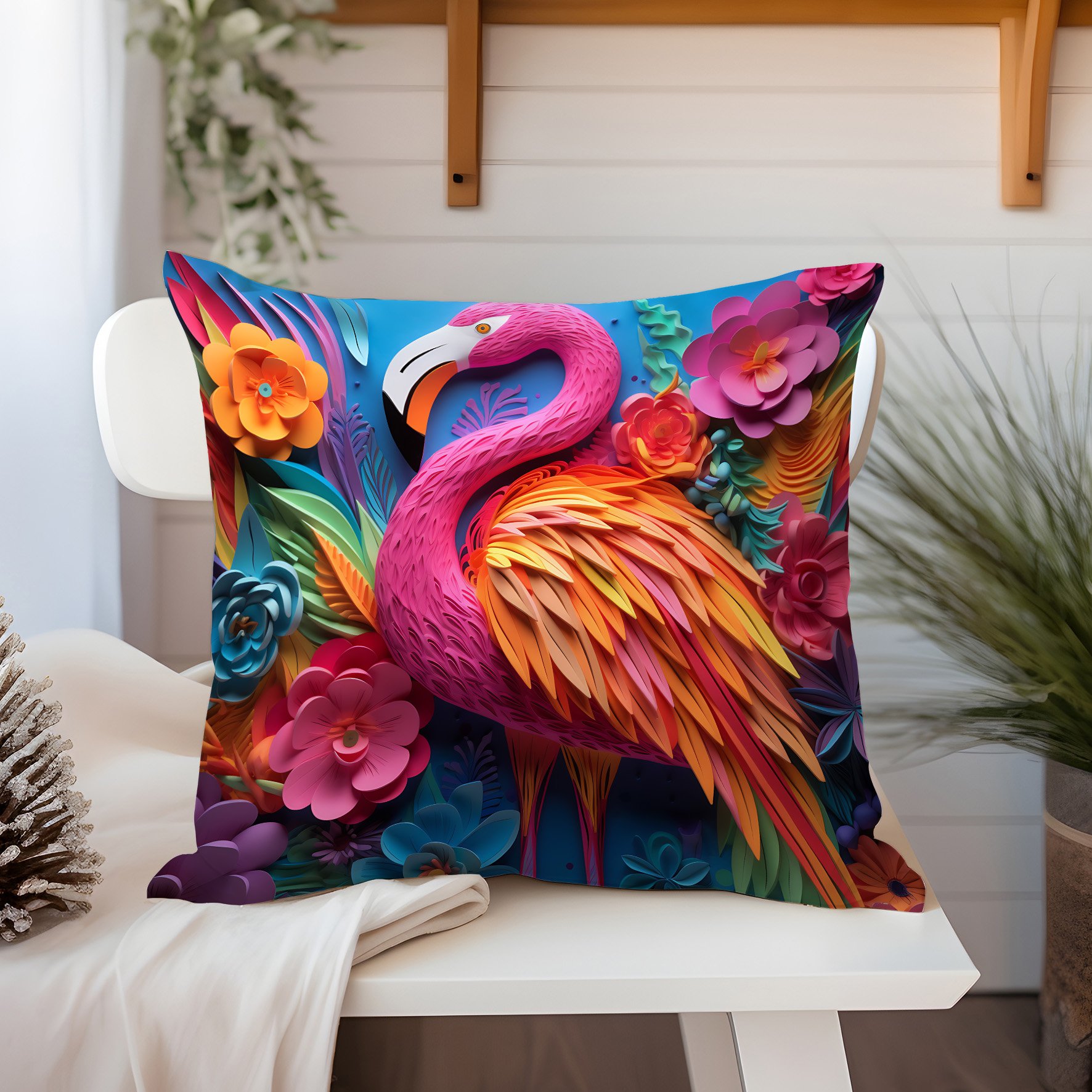 3D Flamingo Temalı Kırlent Paneli Dikilmemiş Kumaş