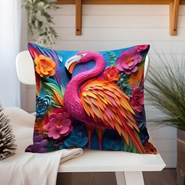 3D Flamingo Temalı Kırlent Paneli Dikilmemiş Kumaş