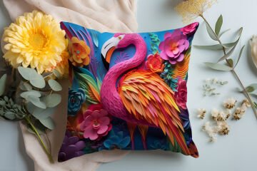 3D Flamingo Temalı Kırlent Paneli Dikilmemiş Kumaş