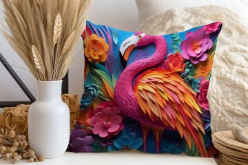 3D Flamingo Temalı Kırlent Paneli Dikilmemiş Kumaş