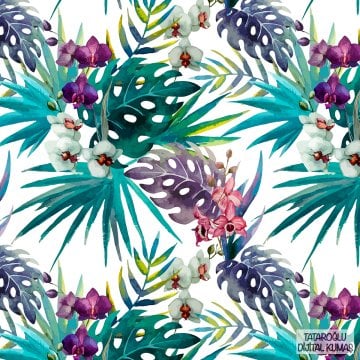 Tropical Leafy White Pink Purple Orchid Patterned Fabric on White Background