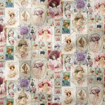 Renkli Çiçekli Vintage Fransız Kadınları Desenli Dijital Baskılı Kumaş