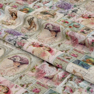 Renkli Çiçekli Vintage Fransız Kadınları Desenli Dijital Baskılı Kumaş
