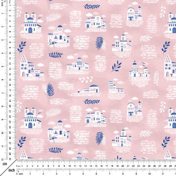 Pembe Zeminli Taştan Sahil Evleri Desenli Kumaş