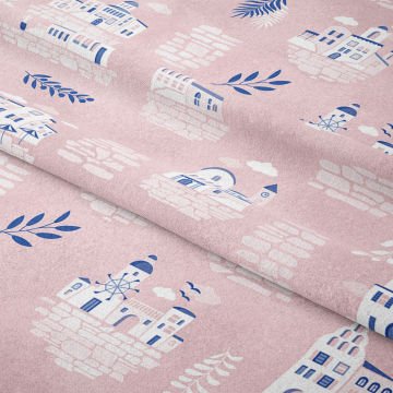 Pembe Zeminli Taştan Sahil Evleri Desenli Kumaş