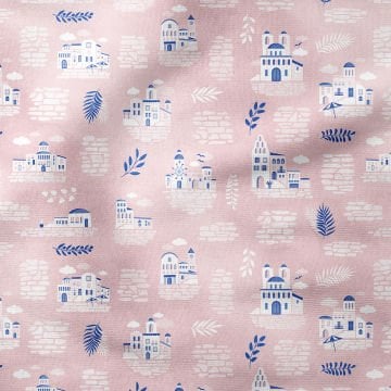 Pembe Zeminli Taştan Sahil Evleri Desenli Kumaş