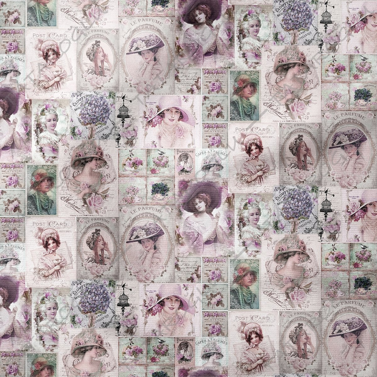 Soft Çiçekli Vintage Fransız Kadınları Desenli Dijital Baskılı Kumaş