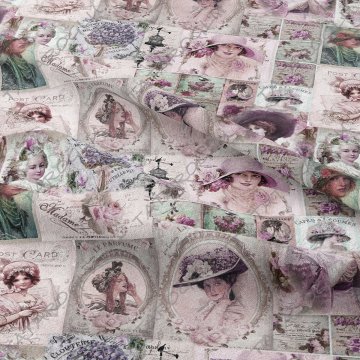 Soft Çiçekli Vintage Fransız Kadınları Desenli Dijital Baskılı Kumaş