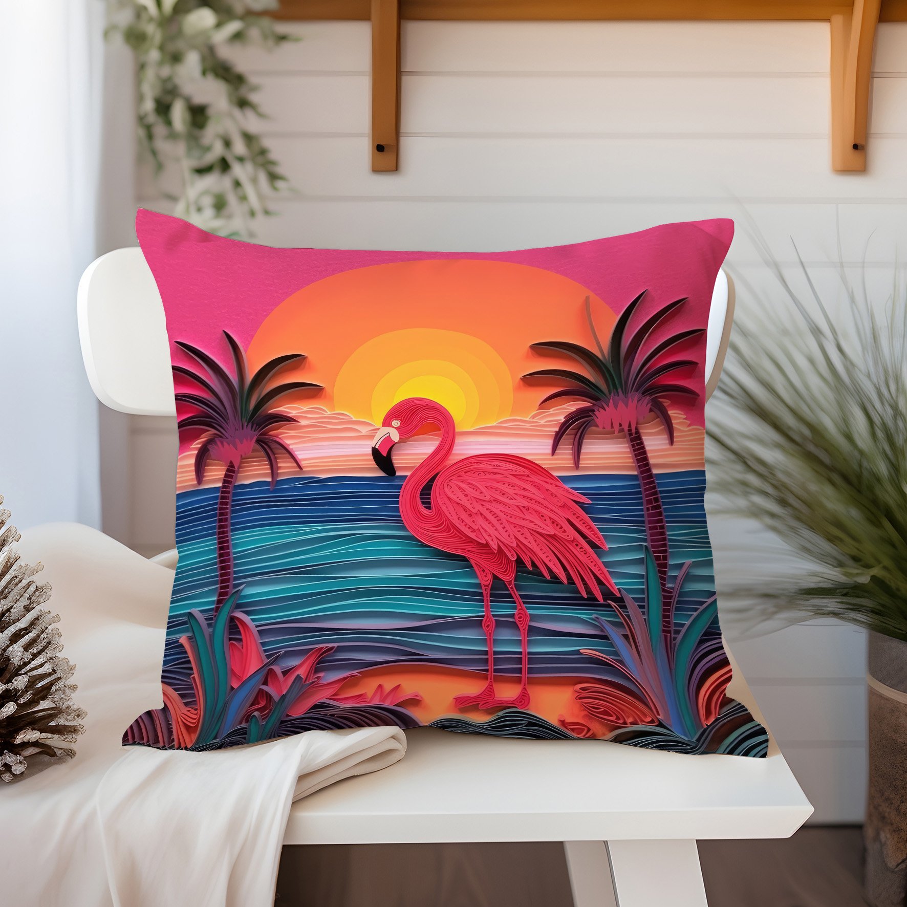 3D Flamingo Temalı Kırlent Paneli Dikilmemiş Kumaş