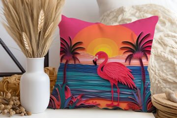 3D Flamingo Temalı Kırlent Paneli Dikilmemiş Kumaş