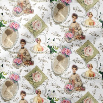 Beyaz Zemin Üzerine Çiçekli Vintage İncili Kadın Desenli Kumaş