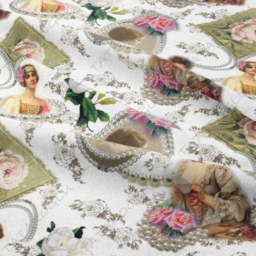 Beyaz Zemin Üzerine Çiçekli Vintage İncili Kadın Desenli Kumaş