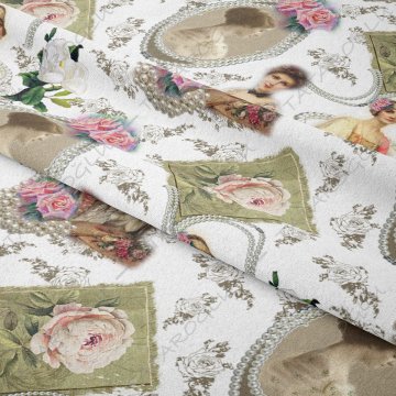 Beyaz Zemin Üzerine Çiçekli Vintage İncili Kadın Desenli Kumaş