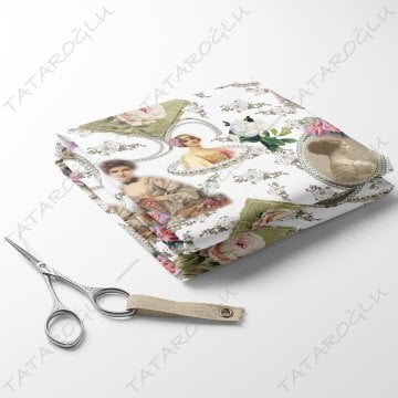 Floral Vintage Pearly Woman Patterned Fabric on White Background