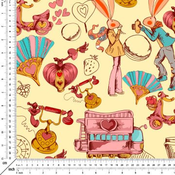 Sevgililer Günü Koleksiyonu-Vintage Krem Zeminli Kalpli Sevgili Tavşanlar