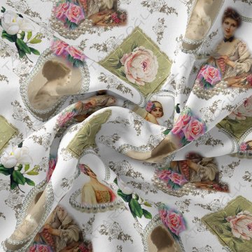 Beyaz Zemin Üzerine Çiçekli Vintage İncili Kadın Desenli Kumaş