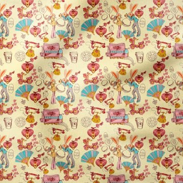 Sevgililer Günü Koleksiyonu-Vintage Krem Zeminli Kalpli Sevgili Tavşanlar