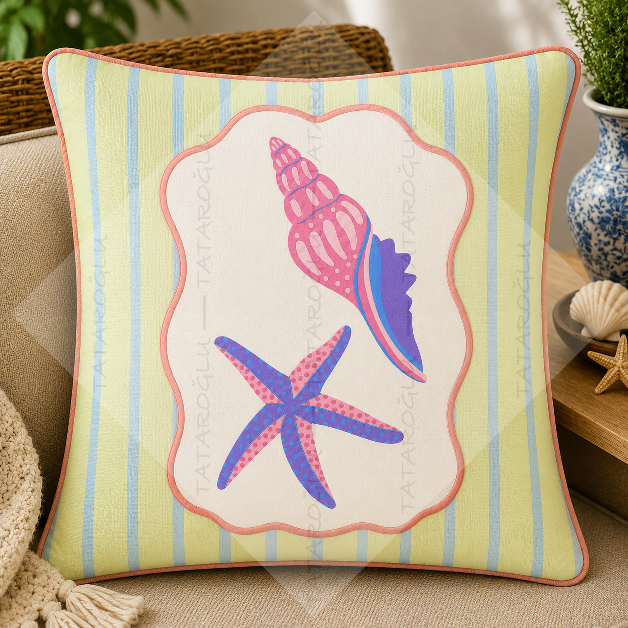 Denizyıldızı Deniz Kabuğu Kırlent Paneli 45x45 cm 2'li Dikilmemiş Kırlent Paneli