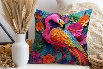 3D Flamingo Temalı Kırlent Paneli Dikilmemiş Kumaş