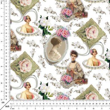 Beyaz Zemin Üzerine Çiçekli Vintage İncili Kadın Desenli Kumaş