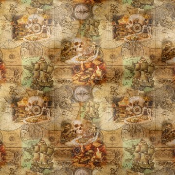 Haritalı Zemin Üzerine İncili Kuru Kafalı Gemili Pusulalı Desenli Kumaş