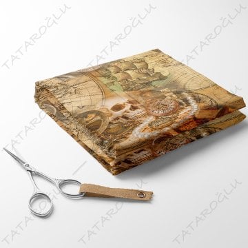 Fabric with Pearls, Skull, Ship and Compass Pattern on Map Background