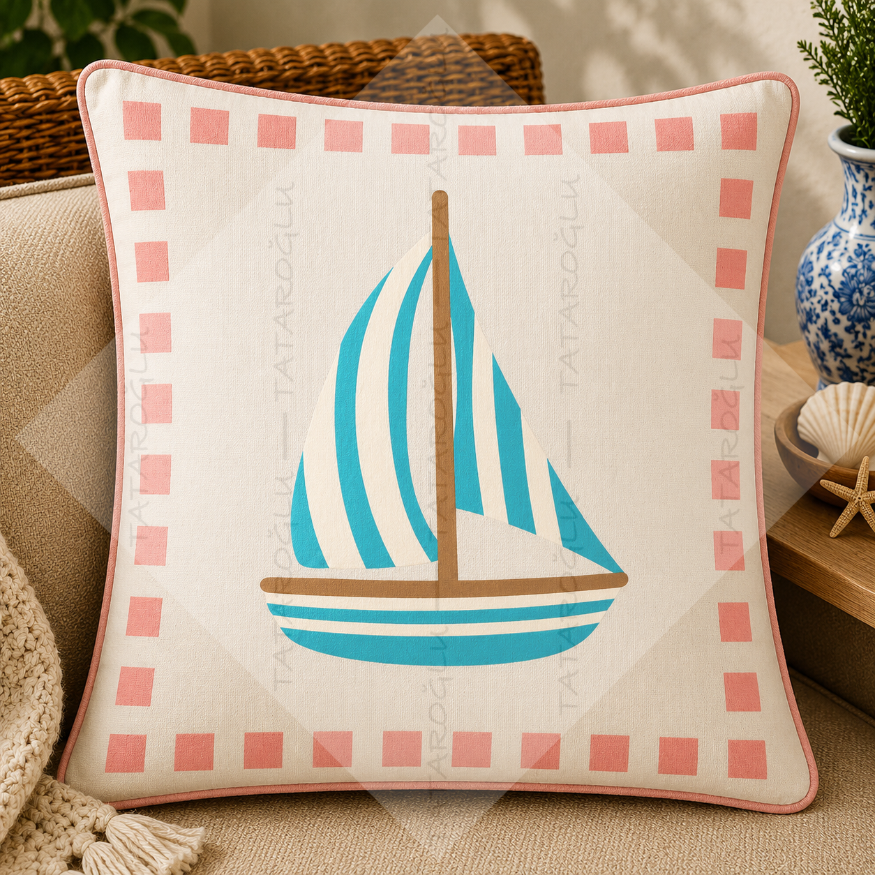Yelkenli Kırlent Paneli 45x45 cm 2'li Dikilmemiş Coastal Dekoratif Kırlent Paneli