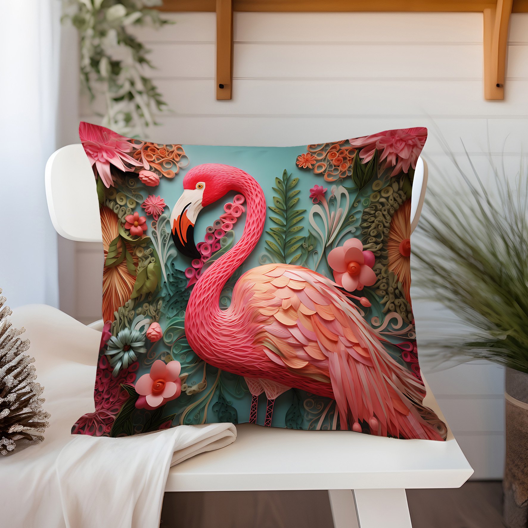 3D Flamingo Temalı Kırlent Paneli Dikilmemiş Kumaş