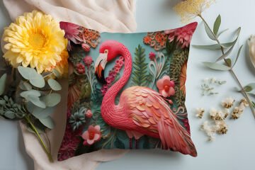 3D Flamingo Temalı Kırlent Paneli Dikilmemiş Kumaş