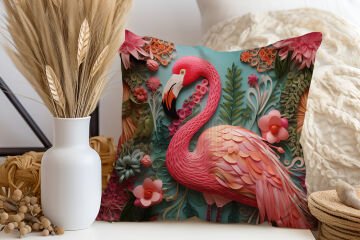 3D Flamingo Temalı Kırlent Paneli Dikilmemiş Kumaş