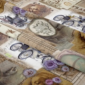 Vintage Fransız Desenli Eski Arabalı Kadınlı Dijital Baskılı Kumaş