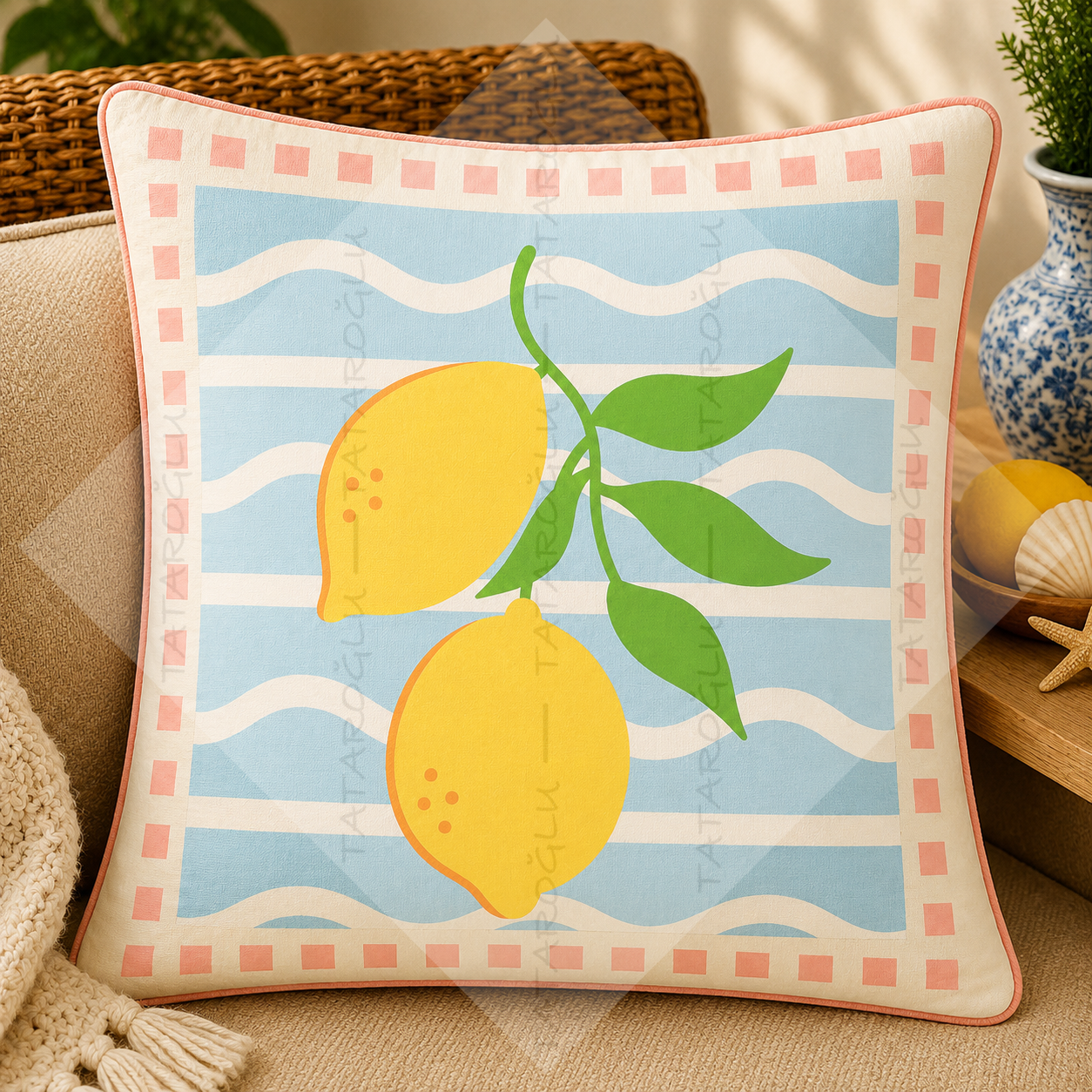 Limon Dalı Kırlent Paneli 45x45 cm 2'li Dikilmemiş Akdeniz Dekoratif Kırlent Paneli