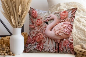 3D Flamingo Temalı Kırlent Paneli Dikilmemiş Kumaş