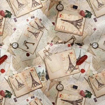 Vintage Kart Postal Mektupların Üzerine Pusulalı Kitap Desenli Kumaş