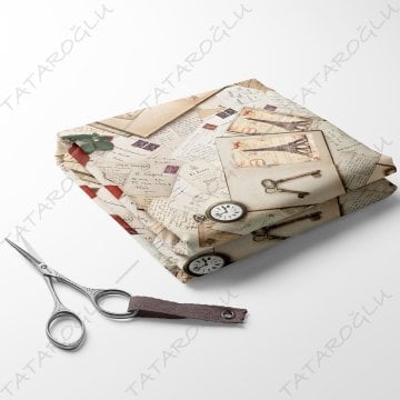 Vintage Kart Postal Mektupların Üzerine Pusulalı Kitap Desenli Kumaş