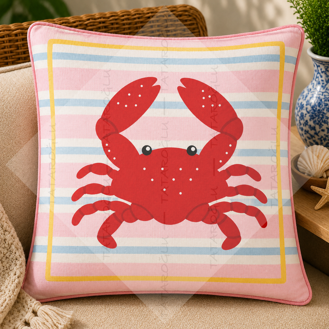 Yengeç Kırlent Paneli 45x45 cm 2'li Dikilmemiş Coastal Dekoratif Kırlent Paneli