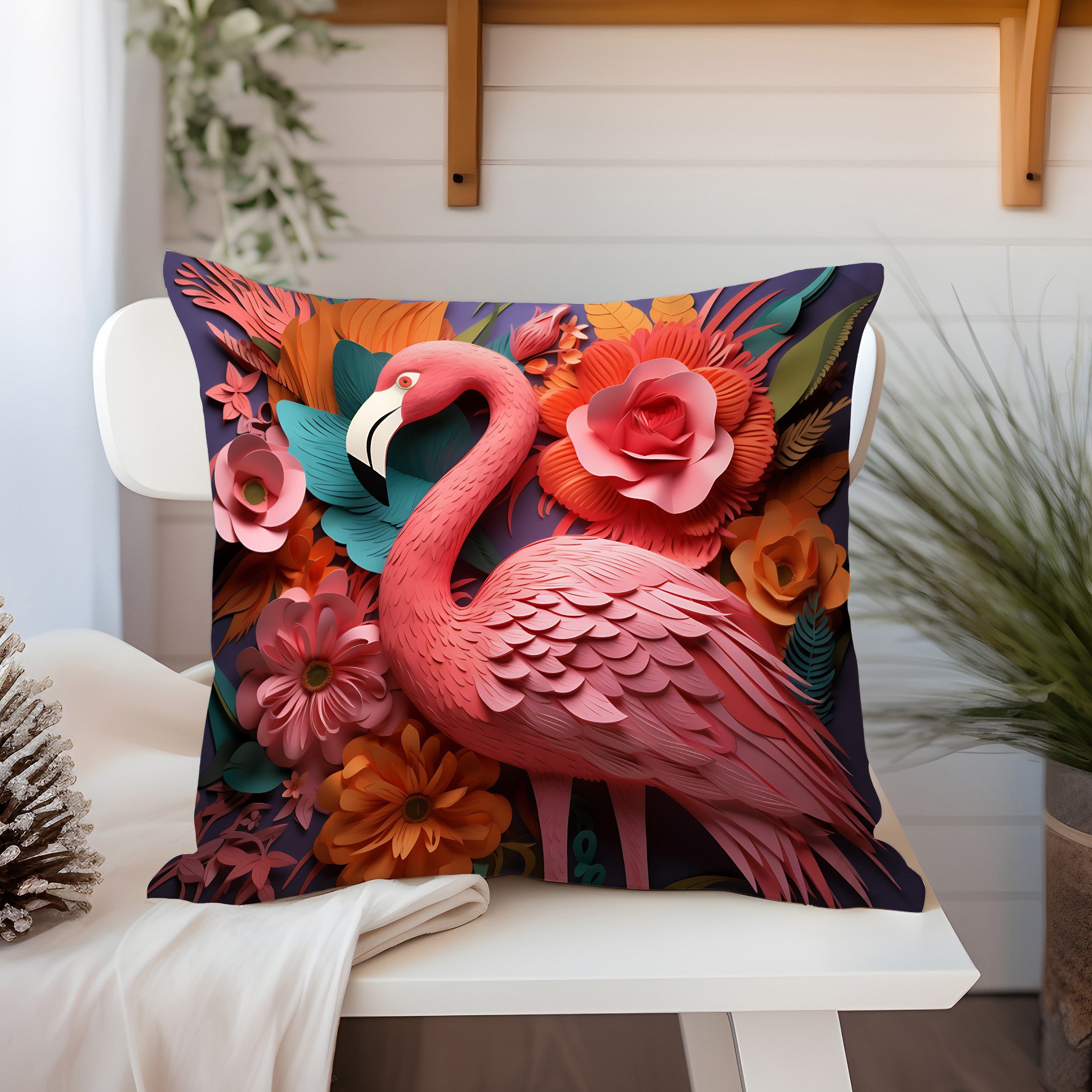 3D Flamingo Temalı Kırlent Paneli Dikilmemiş Kumaş