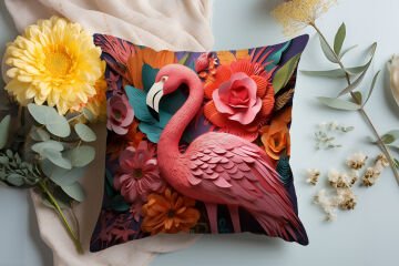 3D Flamingo Temalı Kırlent Paneli Dikilmemiş Kumaş